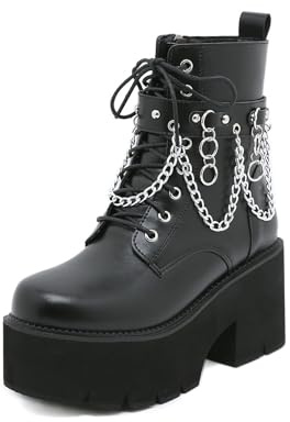 Stivaletti da Donna con Plateau e Catena in Metallo - Autunno Inverno Stivali Chelsea Comfort con Piedi Larghi per Discoteca, Concerto Festivo,Nero,38 EU