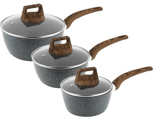 Homiu 3-Piece Non Stick Saucepan Set with Lids | 16cm, 18cm, 20cm Induction Saucepans for Gas, Ceramic & Electric Hobs | Everyday Non Stick Cooking Pots & Kitchen Cookware Set (Dark Grey, 3Pcs)