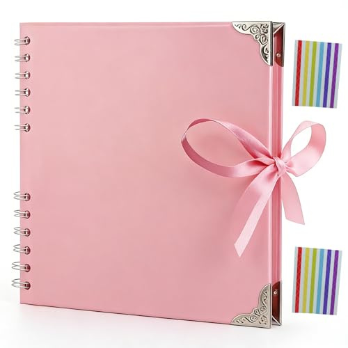 DDUP Scrapbook Photo Album 60 Sides-20.5x 20.5cm,Thick Kraft Paper Spiral Bound Scrap Book,Wedding Picture Scrapbooking Album 180gsm Memory Book Ideal for Memories (Pink)