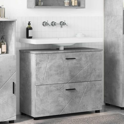 Armadio da bagno grigio cemento, 76,5 x 35 x 64 cm, materiale in legno, scaffale autoportante, cassetti, superficie antigraffio, costruzione robusta per asciugamani e articoli per l'igiene