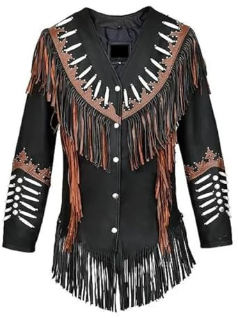 HiFacon Dam västerländsk svart mockajacka med bruna fransar cowgirl festivalrock, Svart - Mocka läder, 3XL
