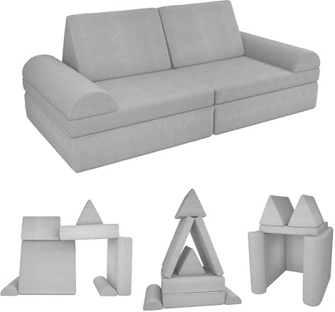 POKAR Divano Modulare per Bambini in Velluto Corduroy | Divano Bambini Trasformabile in Schiuma | Divano da Gioco per Cameretta Bambini | Certificato Oeko-TEX 100 | Grigio Coniglietto