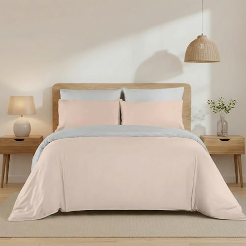 H HANSEL HOME Funda Nórdica Bicolor Cama 150 – 4 Piezas – 100% Microfibra Suave y Transpirable – Funda Edredón 220x240 cm, Bajera 150x200+30 cm, 2 Fundas de Almohada 50x75 cm - Rosa - Gris Claro