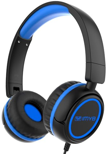 IMYB Barnhörlurar, hörlurar för barn med kabel, vikbara, stereoljud, säker volymbegränsning, 3,5 mm Jack, Over Ear barnhörlurar för skola, pojke, flicka, surfplatta, PC, svartblå