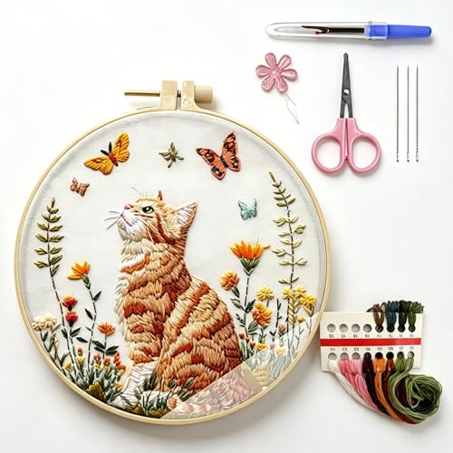 Embroidery Kit, Cats & Butterflies Starter Set with Video Tutorials