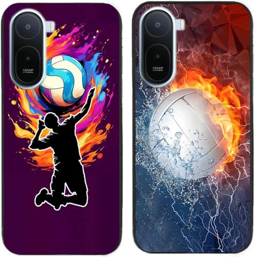 Fodral för POCO C85X, flamma volleyboll tryckt hållbar nedbrytbar TPU silikongel tunn baksida telefonfodral, 2 st per paket