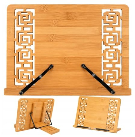 Grupo Darik Soporte Grande para Libros de Bambú Ajustable con Brazos Metálicos 34 x 24,3 cm, Atril para Libros de Cocina, Tabletas y Partituras - Portátil y Plegable, Diseño Oriental Tallado