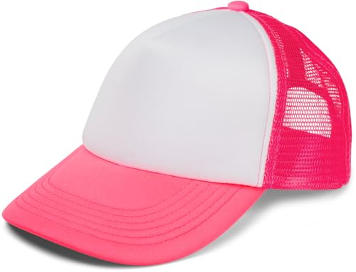 styleBREAKER Unisex 5-Panel Trucker Cap mit Mesh-Einsatz | verstellbares Basecap mit Click Snap Verschluss | luftiges Netz Cap für Damen und Herren, Farbe:Weiß-Neonpink