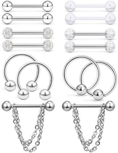 Hoeudjo 14Pcs 14G Surgical Steel Chain Dangle Nipple Rings Barbell Nipplering Piercing Jewelry Retainer for Women Silver-Tone Clear Plastic Externally Threaded