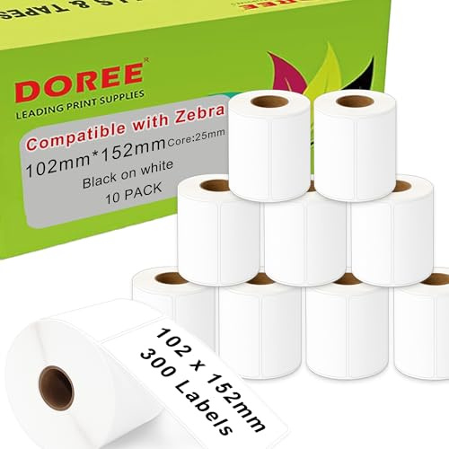 DOREE Lot de 10 rouleaux d’étiquettes d’expédition blanches 100 mm x150 mm, 300 étiquettes/rouleau, mandrin 25 mm, compatibles Zebra GK420D/GX420D,GK420T/GX420T, ZD500R,ZD620, ZT230, ZT410.