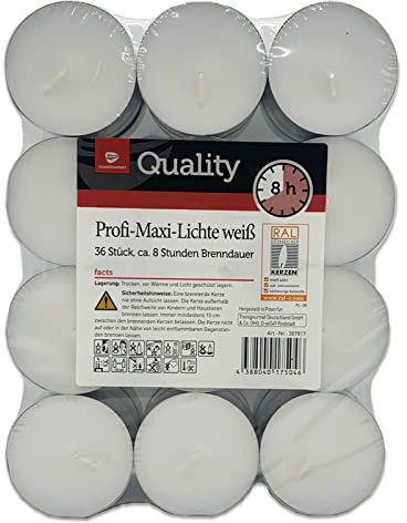 Teelichter weiß ohne Duft Großpackung | 4 Std. | 6 Std. | 8 Std. auch Maxi (Maxi Teelichter 8Std. + 1 HL Kauf Notizblock, 144 Stück)