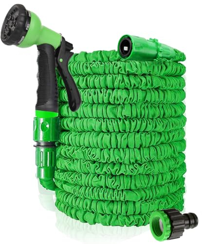 HGLCM 25ft/50ft/75ft/100ft/125ft Expanding Garden Water Hose Pipe with 8 Function Spray Gun 3 Times Expandable Flexible Magic Hose Anti-Leakage Lightweight Easy Storage (Green, 100ft)
