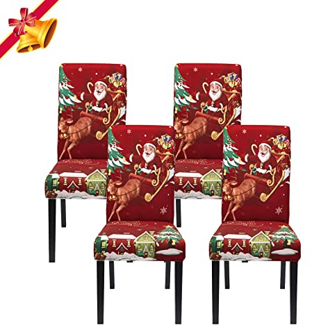 Jaotto stolsöverdrag jul set om 4 universella, stolsöverdrag stretch, moderna, stolskydd, gungstolar, elastiska hållbara stolskydd för högtidsdekoration, jul (rött vin/jul, 4 stycken)