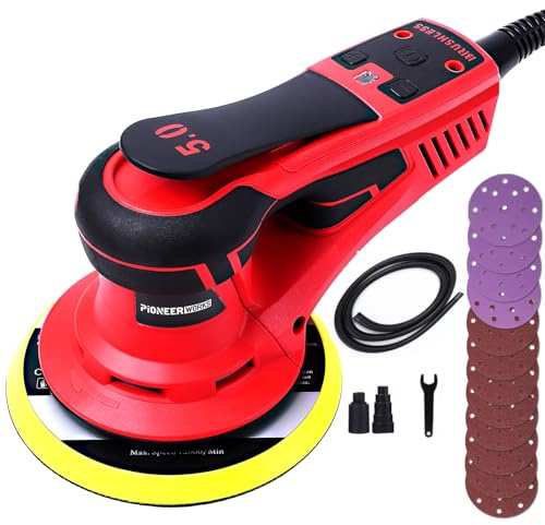 Electric Random Orbital Sander, PioneerWorks Brushless Motor, Powerful 350W & Low Vibration Palm Sander,10000 RPM Variable Speed,6-Inch Pads For Woodworking, Polishing, Sanding, Carpentry