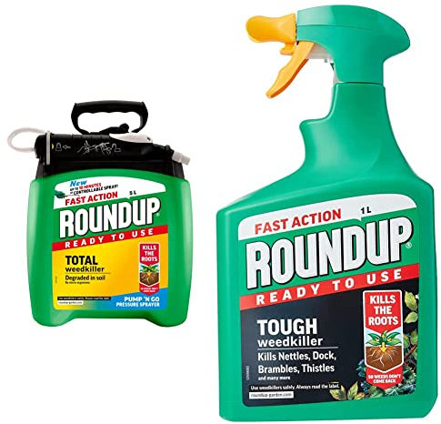 Roundup Fast Action Weedkiller Pump 'N Go Ready To Use Spray, 5 Litre & Tough Weedkiller, Spray, 1 Litre