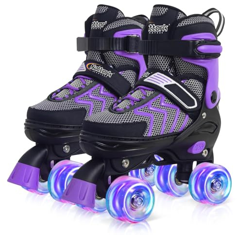 Kids Roller Skates for Girls, Purple Adjustable Rollerskates with Light Up Wheels for Teens Youth Ages 8-12 10 11 12, Beginners Outdoor Sports, Best Birthday Gift for Kids