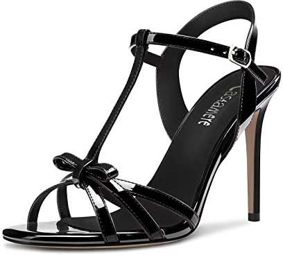 Castamere Femmes Aiguille Haut High Talon Heel Ouvert Bout Lanières Cheville T-strap Nœud Papillon Sandales Danse Décontracté 10 CM Heels Noir 45 EU