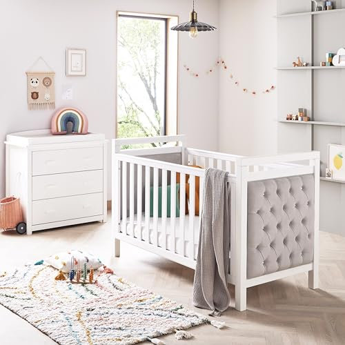 Babymore Velvet Deluxe 2 Piece Nursery Room Set - 1 Baby Cot Bed & 1 Chest Changer With 3 Double Handle Drawers, Wooden Chest Of Drawer Storage Cabinet With Removable Changer Top | Bedroom Furniture