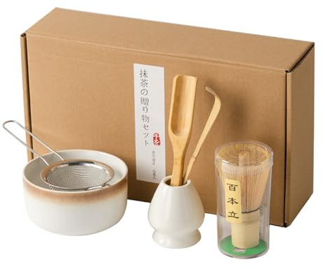Matcha Kit, Accessoires pour thé Ceremonie Japonais avec Fouet Matcha en Bambou Naturel (Chasen), Cuillère (Chashaku), Bol Matcha, Cuillère à thé, Porte-Fouet, l'ensemble Parfait