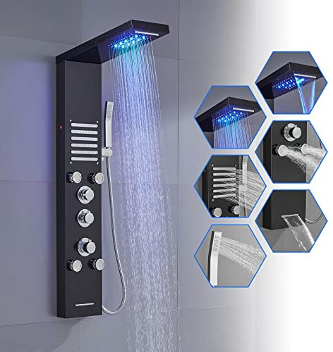 ROVOGO Black Thermostatic Shower Panel Tower System with LED Lights - Stainless Steel 304 Shower Panel Column Tower with Waterfall Rainfall Shower, Massage Jets, Hand Shower, Tub Spout, Wall Mounted