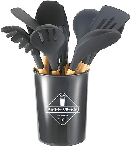 MF artSHOP Mestoli Da Cucina In Silicone, Set 12 Pezzi, Utensili Per Cucinare, Antiaderenti, Manico in Legno Appendibili Resistenti al Calore (Nero)