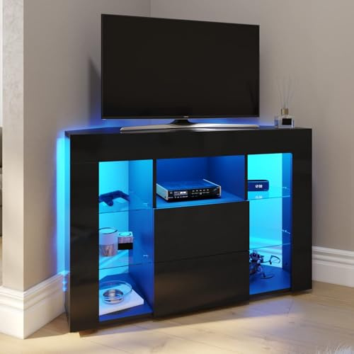 ELEGANT LED Corner TV Unit 100cm High Gloss Black Modern TV Stand Cabinet with Ambient RGB Lights for 32 40 45 50 inch 4k TV Living Room and Bedroom Furniture with Storage