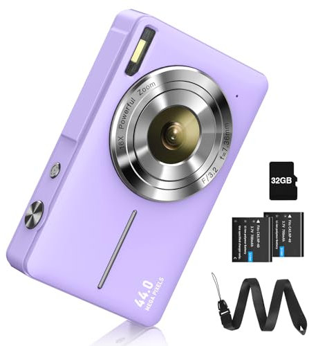 Digitalkamera Fotokamera FHD 1080P 44MP Fotoapparat mit 32G Karte 16X Digitalzoom Digital Kamera mit Batterie Tragbare Einfache Digitalkamera für Kinder Student Teenager Anfänger Senioren (Lila)