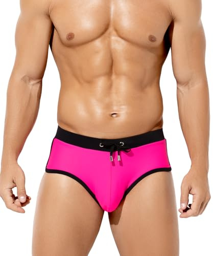 Arjen Kroos Men's Swim Briefs Sexy Bikini Contrast Color Swimsuit Swimming Briefs with Drawstring,Rose RED,X-Large