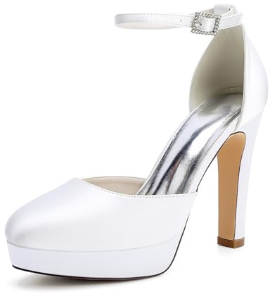 Donna Chiusa Punta Tonda Décolleté da Vestito Tacco Alto Grosso Plateau Scarpe da Sposa per La Sposa Cinturino alla Caviglia Scarpe da Ballo per Feste da Serale,Bianca,39 EU