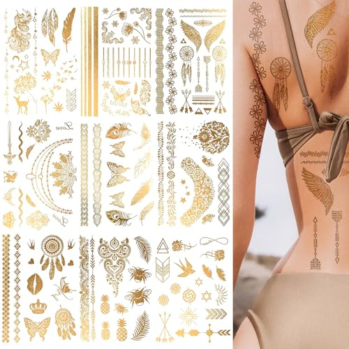 9 Temporära Glittriga Tatueringar, Guld Fake Tattoos Schabloner för Kvinnor, Flickor, Barn och Pojkar, Ansikte & Kropp, DIY Konstpaket (Stil 1)