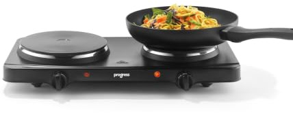 Progress Double Hot Plate – Electric Hob Stove, Adjustable Temperature Dial with 5 Heat Settings, Compact, Power Indicator Lights, Camping, Students, Holiday Homes, Caravans, Travelling, 2500W