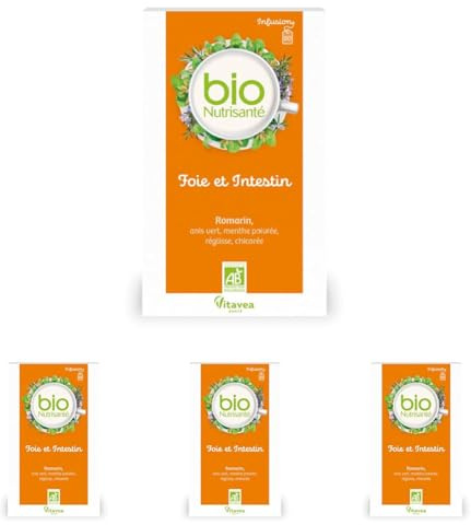 Vitavea BioNutrisanté - Infusion Foie et Intestin BIO 100% naturelle - 20 sachets - Ballonnements - Romarin, Anis vert, Menthe poivrée, Réglisse, Chicorée - Vitavea (Lot de 4)
