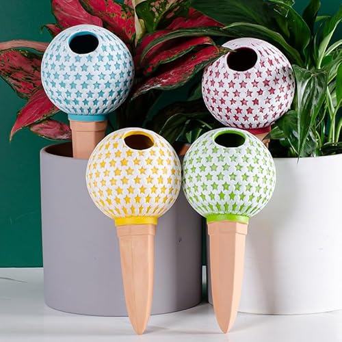 Dosatore Acqua per Piante, Irrigazione Automatica Vasi Terracotta, 4 Coni di Irrigazione in Argilla, Sfere per Irrigazione Automatica, Annaffiare Piante in Vacanza da Interno Giardino Balcone (stelle)