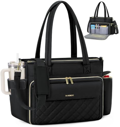 RAINSMORE Sac Ordinateur Femme Sac de Travail 15.6 Pouces, Noir | Sac de Professeur avec Poche Grand Porte-Gobelet, Imperméable, pour Bureau Université