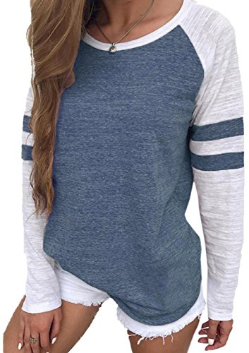 Famulily Women's Long Sleeve Baseball Tee Shirt Crew Neck Colorblock Striped Tops(Blue,X-Large)