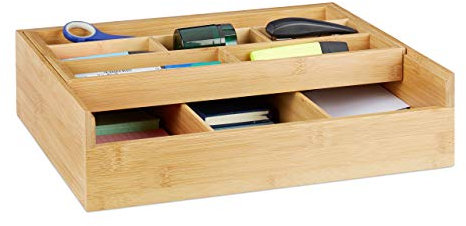 Relaxdays, Natur Sortierkasten Bambus, 9 Fächer, Schubladeneinsatz, offen, Nähzubehör, Schmuck, Büro, HBT 9,5x37x31,5 cm, 31,5 x 37 x 9,5 cm