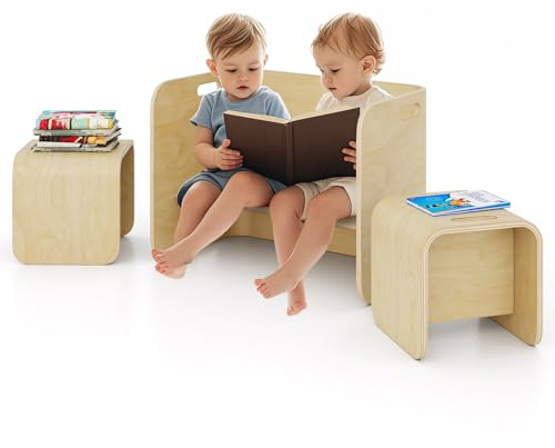 Costzon Kids Table and Chair Set, All in 1 Birch Wood Activity Table, Bench, Storage Shelves, Desk for Children Reading, Arts, Crafts, Snack Time, Fully Assembled, Toddler Table & Chair Set (Natural)