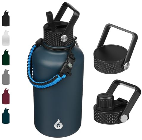 BJPKPK Half Gallon Insulated Water Bottles with Straw Lid, 64oz Large Water Jug, Stainless Steel Cups with 3 Lids and Paracord Handle, Thermos for Hot & Cold Liquid, Navy Blue