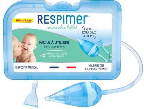 RESPIMER Mouche Bébé - Evacuer l'excès de mucus - Rhume & Rhynopharyngite - Facile à utiliser - Nourrissons et jeunes enfants - Sans Bisphénol A - 5 Filtres jetables hygiéniques - Fabriqué en France