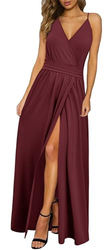Newshows Vestido de Verano para Mujer Cuello en V Abertura Largo Maxi Elegante para Invitada de Boda Rosso Scuro,L