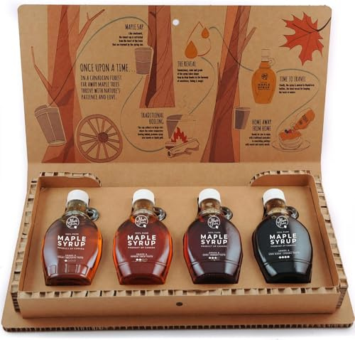 MapleFarm - Puro sciroppo d'acero in confezione regalo. Pack degustazione 4 varianti: GOLD - AMBER - DARK - VERY DARK. Astuccio regalo illustrato.