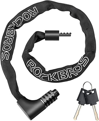 ROCKBROS Lucchetto Combianzione Bici con Chiavi, Catena Antifurto in Acciaio 96cm/17.19mm, Password a 4 Cifre, per Bicicletta E-bike Moto Scooter Monopattino Elettrico