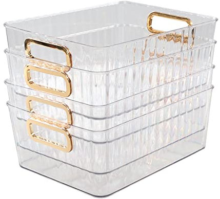 Ortodayes Clear Pantry Organiser Basket Bin, Fridge Organiser with Handles Set of 4