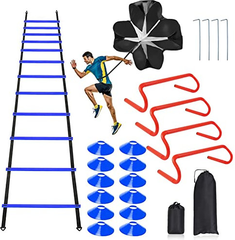 Speed & Agility Ladder Training Equipment Set, includes 12 Rung 20ft Agility Ladder, 4 Agility Hurdles,12 Disc Cones, 1 Resistance Parachute for Training Football Soccer Basketball Athletes-Blue