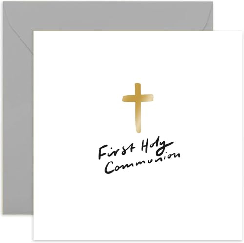 Old English Co. Classic Holy Communion Card for Boy or Girl - Gold Foil Cross Card for Adults - Religious Faith Celebration Card for Children - Grandchild | Blank Inside with Envelope