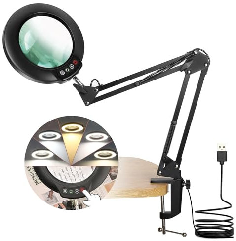 Veemagni 10X Magnifying Glass with Light, 5 Color Modes Stepless Dimmable, Adjustable Swing Arm LED Lighted Desk Lamp with Clamp, Hands Free Magnifier with Light and Stand for Craft Hobby Close Works