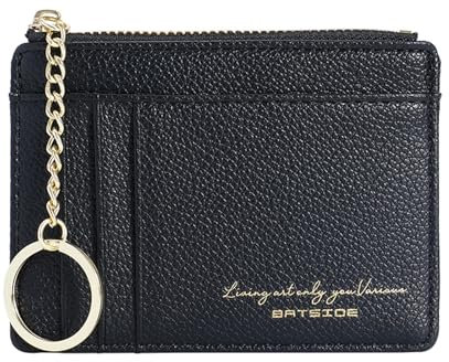 Sugeru Portemonnaie Damen Mini,Kleine PU Leder Geldbörse mit Reißverschluss,viele Fächer,Schlüsselanhänger,Zipper Portmonee mit 8Kartenfächern,Schmal Minimalistischer Kartenetui (Schwarz)