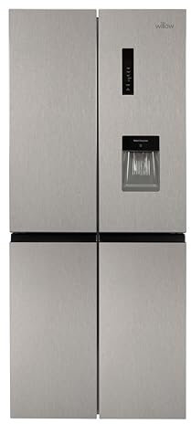 Willow WSBES4MDX 415L Freestanding American Style Fridge Freezer with Total No Frost, 4 Doors, Adjustable Thermostat, Water Dispenser, Mark-Proof Finish - Stainless Steel