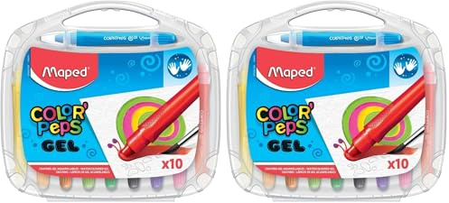 Maped Ceras de Colores en Gel para Niños, 10 Lápices Retráctiles, Colores Vibrantes y Mezclables, Efecto Acuarela con Agua, Fácil Agarre y Deslizamiento, Incluye Estuche Reutilizable (Paquete de 2)