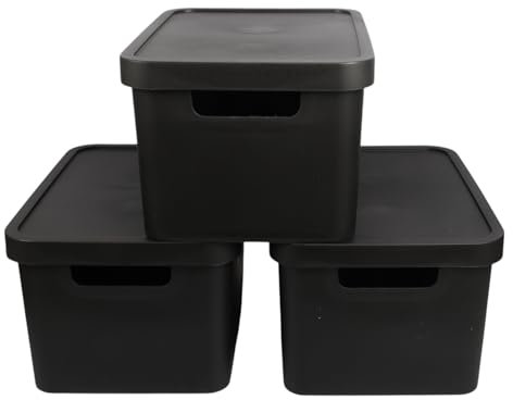 Jolie Max Plastic Storage Boxes with Lid, (Set of 3) 31L Solid Matte Colour, Decorative Design with Handle, Stackable & Nestable Space-Saving Organizers – 45.5 x 33.5 x 25 cm (BLACK)